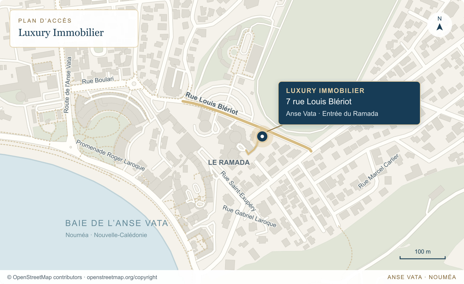 Plan d’accès à Luxury Immobilier : 7 rue Louis Blériot, Anse Vata, à l’entrée du Ramada à Nouméa.